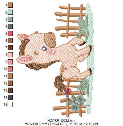 Horse embroidery design - Farm Animal Pony with wood fence machine embroidery pattern - Stallion mustang baby boy file - Instant download