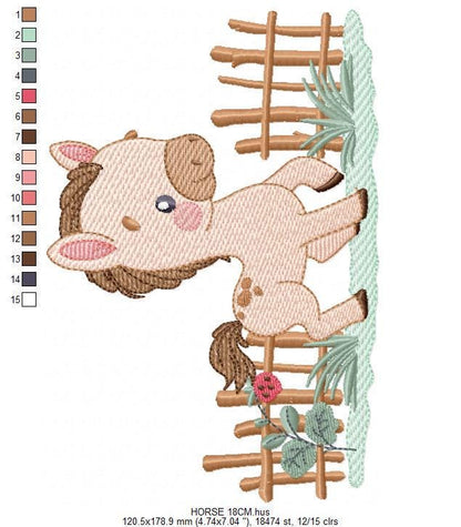 Horse embroidery design - Farm Animal Pony with wood fence machine embroidery pattern - Stallion mustang baby boy file - Instant download