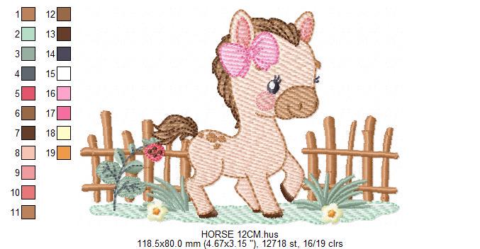 Horse embroidery design - Farm Animal Pony with wood fence machine embroidery pattern - Stallion mustang baby girl file - Instant download