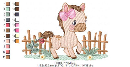 Horse embroidery design - Farm Animal Pony with wood fence machine embroidery pattern - Stallion mustang baby girl file - Instant download