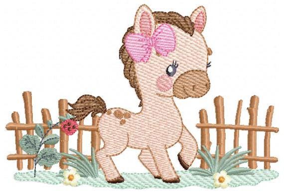 Horse embroidery design - Farm Animal Pony with wood fence machine embroidery pattern - Stallion mustang baby girl file - Instant download