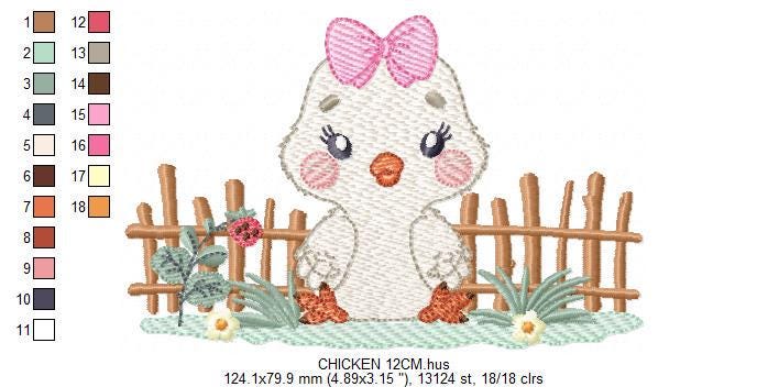 Little Chicken embroidery design - Chick with bow lace machine embroidery pattern - Ranch Farm animal file - Instant digital download pes