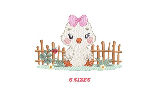 Little Chicken embroidery design - Chick with bow lace machine embroidery pattern - Ranch Farm animal file - Instant digital download pes