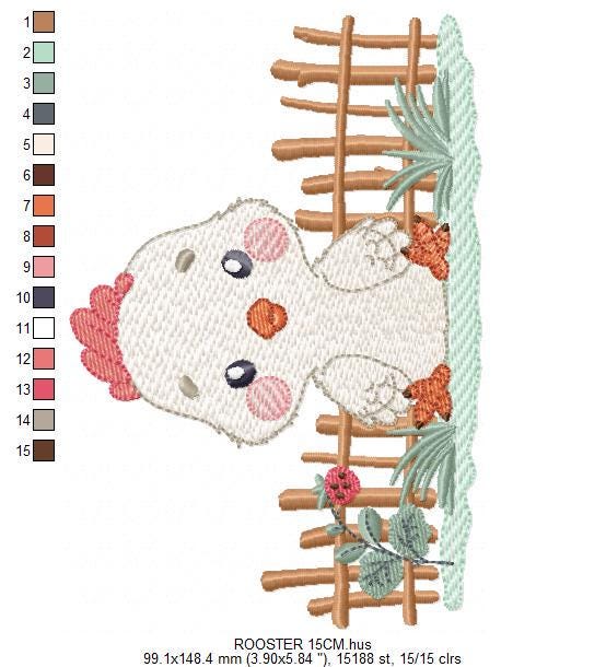 Baby Rooster embroidery design - Male chick machine embroidery pattern - Ranch Farm animal with fence file - Instant digital download pes