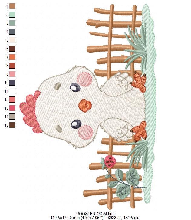 Baby Rooster embroidery design - Male chick machine embroidery pattern - Ranch Farm animal with fence file - Instant digital download pes