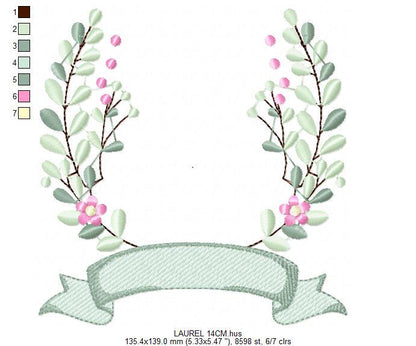 Frame with flowers embroidery designs - Monogram Floral Laurel Shape machine embroidery pattern - Baby girl - Instant digital download pes