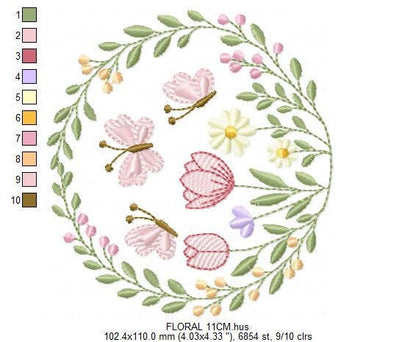 Flower Wreath embroidery designs - Floral Frame machine embroidery pattern - Kitchen Tea Towel file - Instant digital download pes jef dst