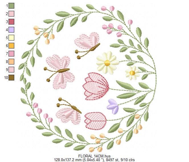 Flower Wreath embroidery designs - Floral Frame machine embroidery pattern - Kitchen Tea Towel file - Instant digital download pes jef dst