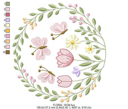 Flower Wreath embroidery designs - Floral Frame machine embroidery pattern - Kitchen Tea Towel file - Instant digital download pes jef dst