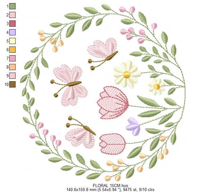 Flower Wreath embroidery designs - Floral Frame machine embroidery pattern - Kitchen Tea Towel file - Instant digital download pes jef dst