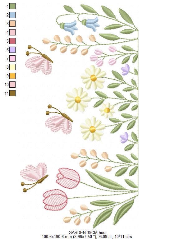 Flower garden embroidery design - Tulip flowers with butterflies machine embroidery pattern - Kitchen Tea towel divider - Instant download