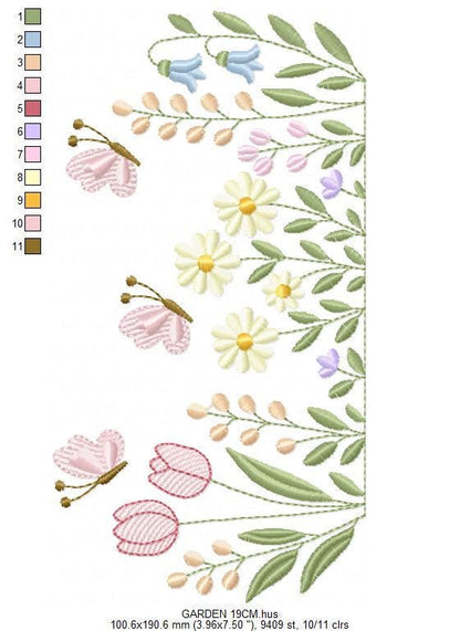 Flower garden embroidery design - Tulip flowers with butterflies machine embroidery pattern - Kitchen Tea towel divider - Instant download