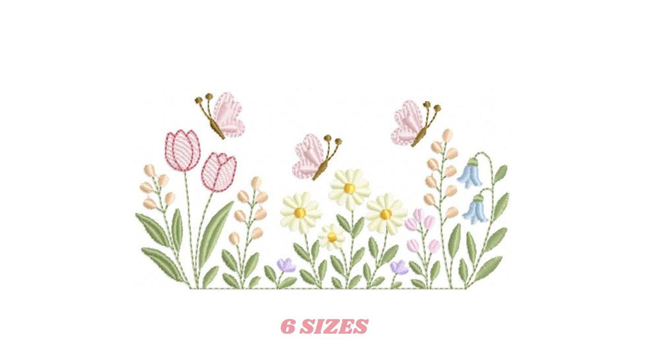 Flower garden embroidery design - Tulip flowers with butterflies machine embroidery pattern - Kitchen Tea towel divider - Instant download