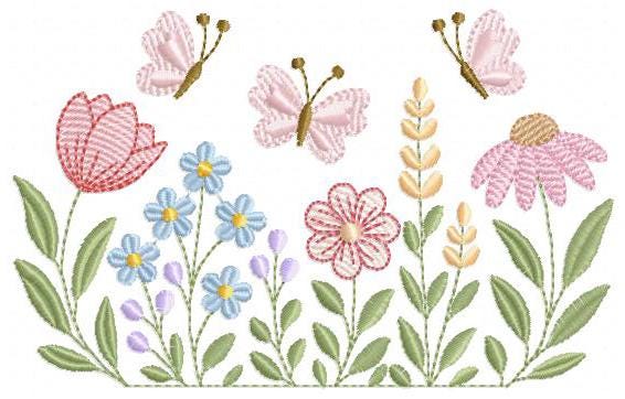 Flower garden embroidery design - Tulip flowers with butterflies machine embroidery pattern - Kitchen Tea towel divider - Instant download