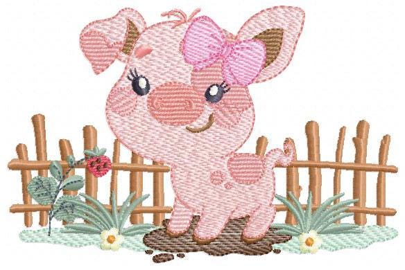 Female Pig with bow embroidery design - Farm Animal machine embroidery pattern - Baby girl cowgirl file - Swine Piggy - Instant download pes