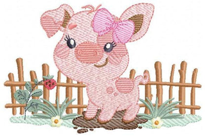 Female Pig with bow embroidery design - Farm Animal machine embroidery pattern - Baby girl cowgirl file - Swine Piggy - Instant download pes