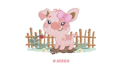 Female Pig with bow embroidery design - Farm Animal machine embroidery pattern - Baby girl cowgirl file - Swine Piggy - Instant download pes