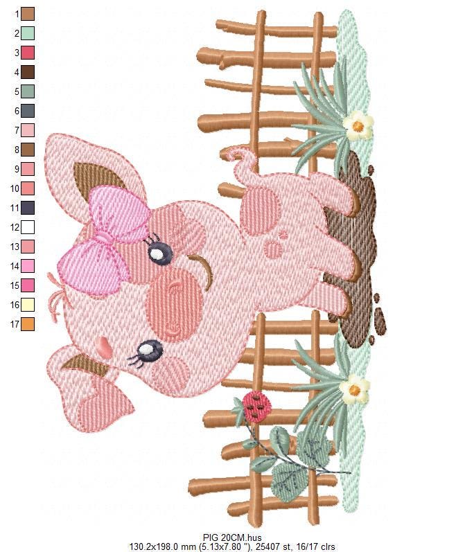 Female Pig with bow embroidery design - Farm Animal machine embroidery pattern - Baby girl cowgirl file - Swine Piggy - Instant download pes