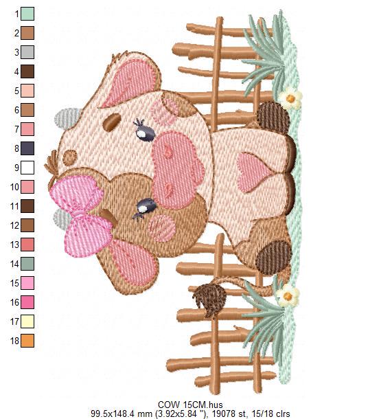 Cow with bow lace embroidery design - Farm Animal Ranch machine embroidery pattern - Kitchen Towel file - Instant digital download pes jef