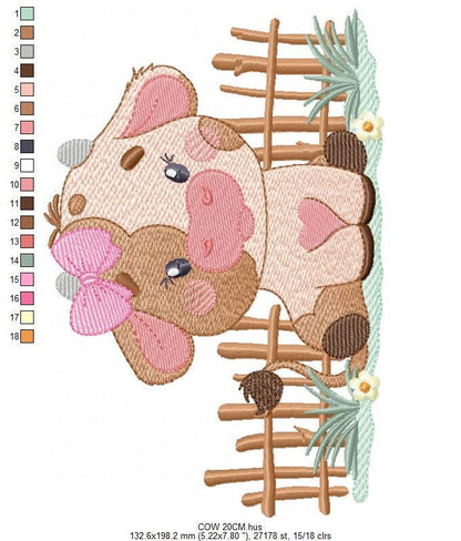 Cow with bow lace embroidery design - Farm Animal Ranch machine embroidery pattern - Kitchen Towel file - Instant digital download pes jef