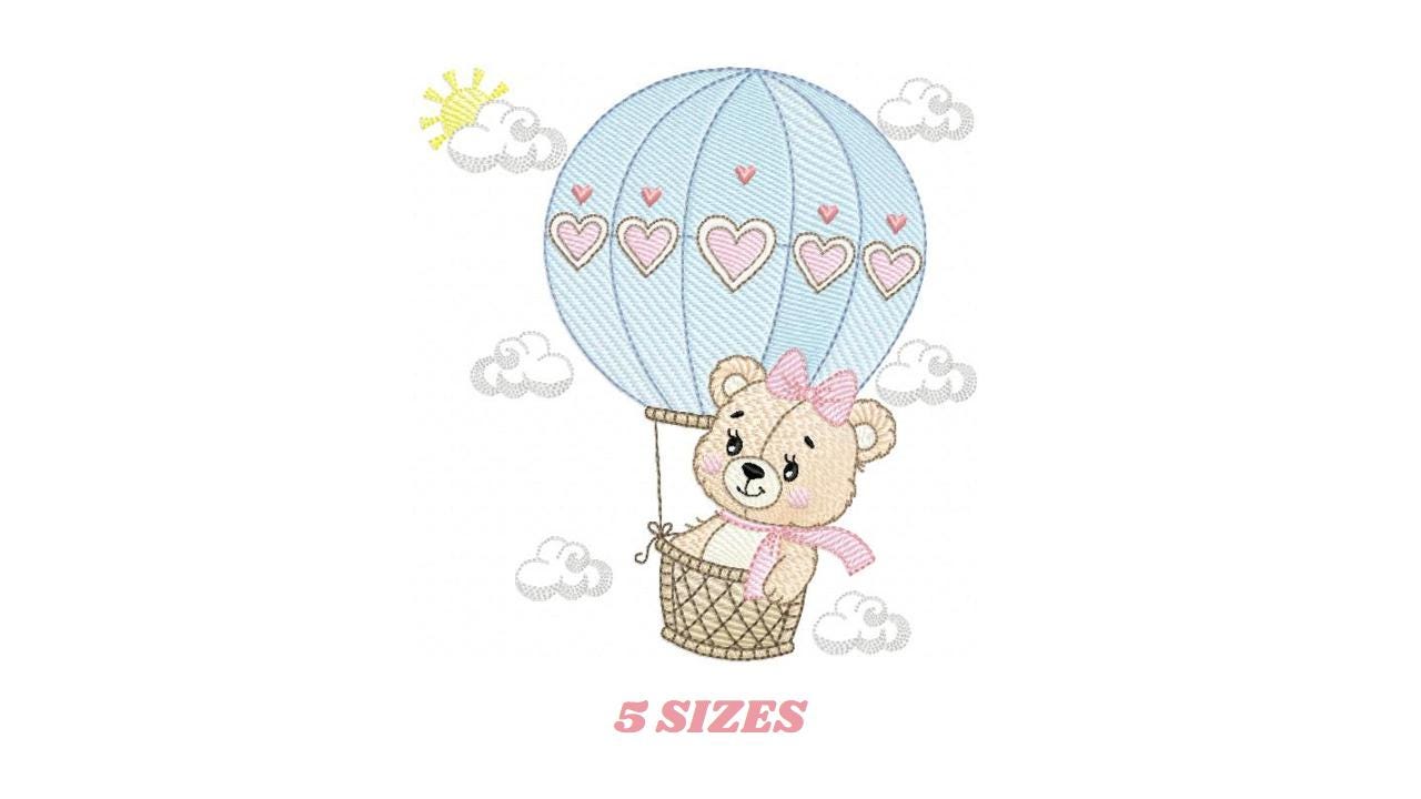 Bear with hot air balloon embroidery designs - Balloon with hearts and clouds machine embroidery pattern Baby girl file - Instant download