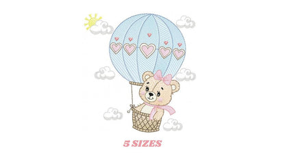 Bear with hot air balloon embroidery designs - Balloon with hearts and clouds machine embroidery pattern Baby girl file - Instant download
