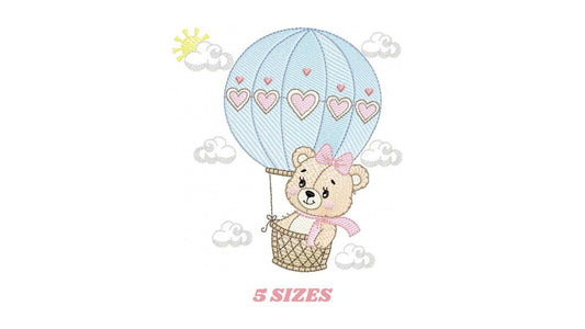 Bear with hot air balloon embroidery designs - Balloon with hearts and clouds machine embroidery pattern Baby girl file - Instant download