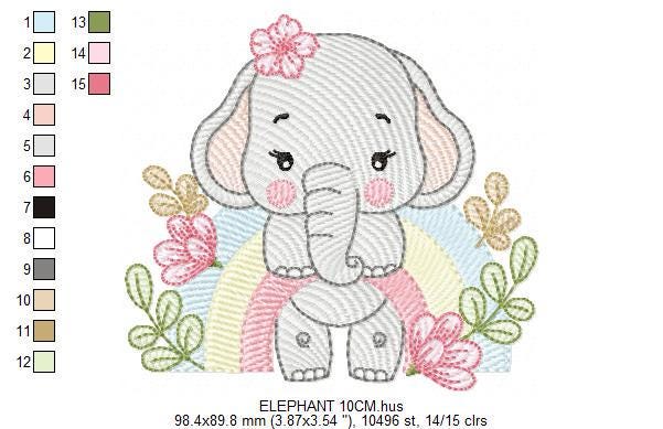 Elephant embroidery designs - Safari Wild Animal machine embroidery pattern - Baby Girl file - Flowers and rainbow - Instant download pes