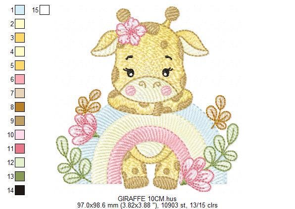 Giraffe embroidery designs - Safari wild animal machine embroidery pattern - Baby girl rainbow and flowers file - Instant download pes jef