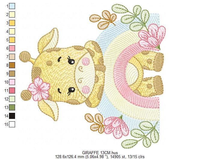 Giraffe embroidery designs - Safari wild animal machine embroidery pattern - Baby girl rainbow and flowers file - Instant download pes jef