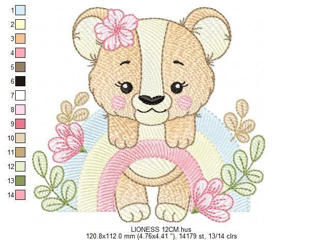 Lioness embroidery designs - Safari wild animal machine embroidery pattern - Baby girl rainbow file - Female Lion - Instant download pes jef