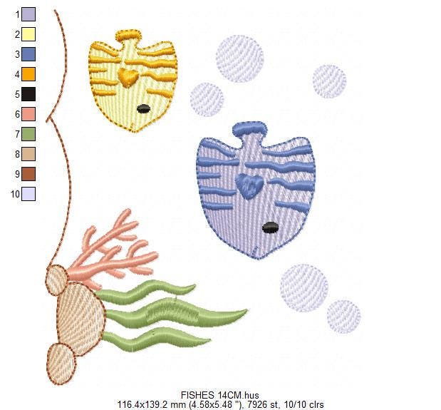 Clown Fish embroidery designs - Ocean animals machine pattern - Orange Fish with shells bubbles and algae - Instant download pes jef dst vp3