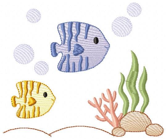 Clown Fish embroidery designs - Ocean animals machine pattern - Orange Fish with shells bubbles and algae - Instant download pes jef dst vp3