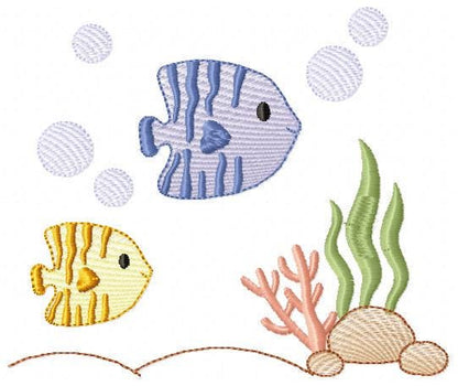 Clown Fish embroidery designs - Ocean animals machine pattern - Orange Fish with shells bubbles and algae - Instant download pes jef dst vp3