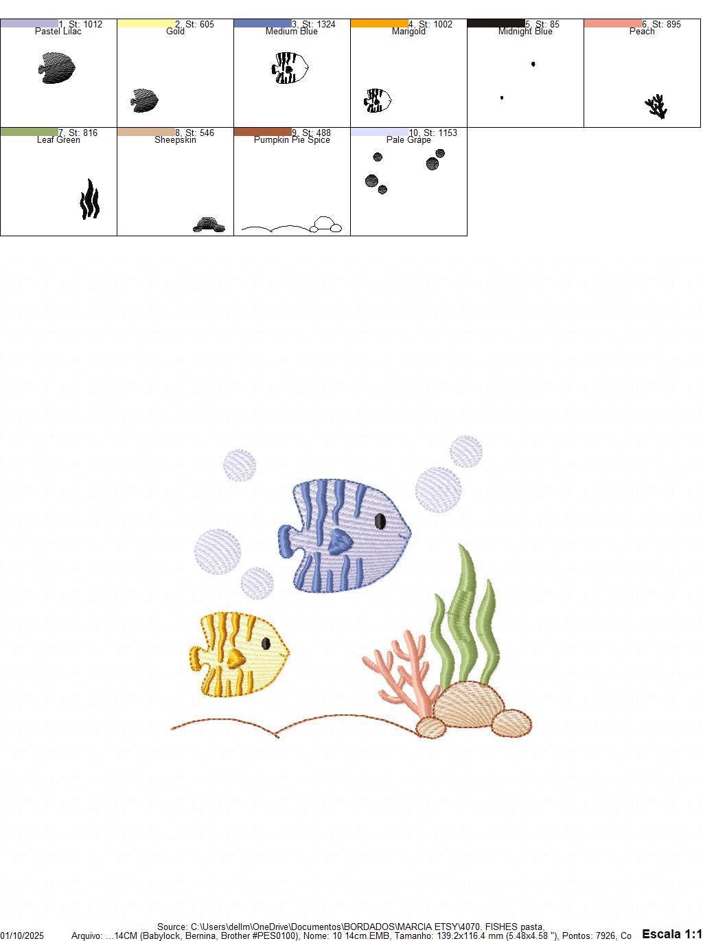 Clown Fish embroidery designs - Ocean animals machine pattern - Orange Fish with shells bubbles and algae - Instant download pes jef dst vp3