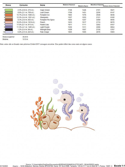 Seahorse embroidery design - Ocean Bottom Animal machine embroidery pattern - Algae and bubbles - baby boy and girl file - Instant download