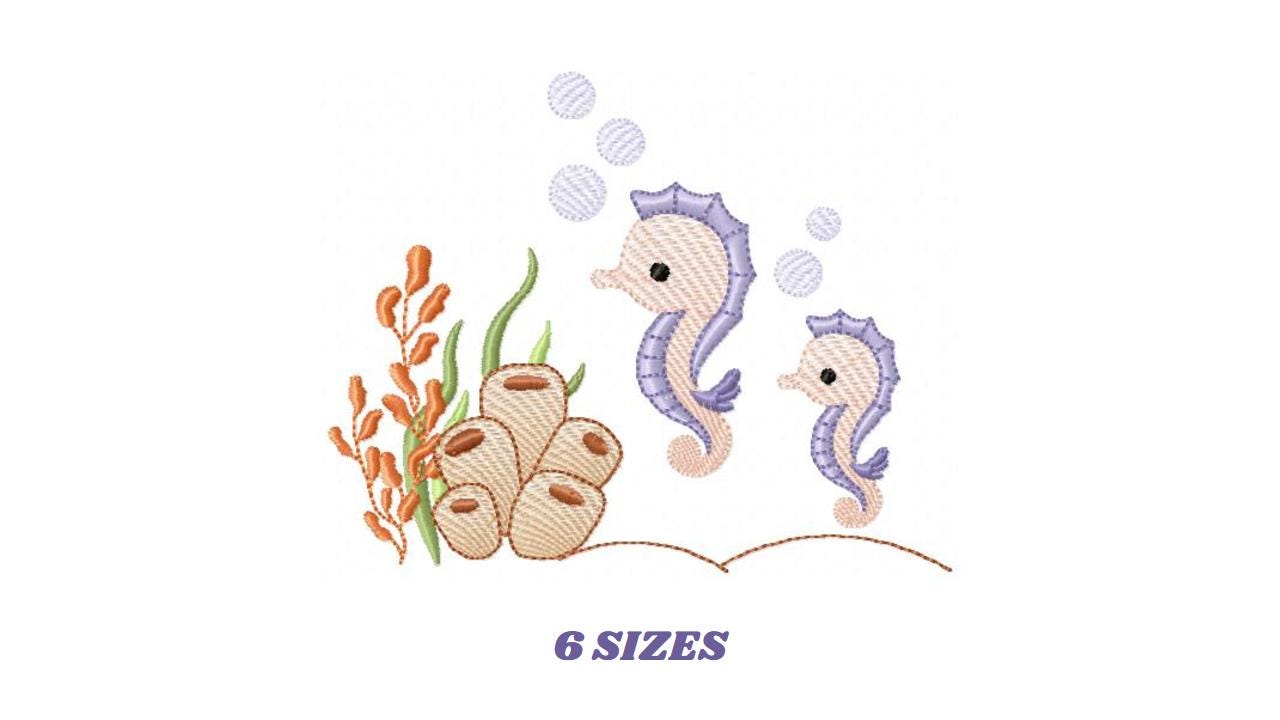 Seahorse embroidery design - Ocean Bottom Animal machine embroidery pattern - Algae and bubbles - baby boy and girl file - Instant download