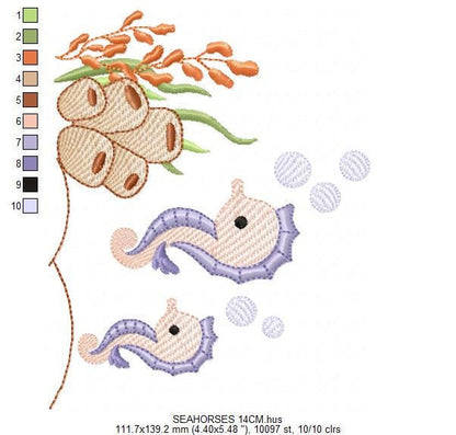Seahorse embroidery design - Ocean Bottom Animal machine embroidery pattern - Algae and bubbles - baby boy and girl file - Instant download