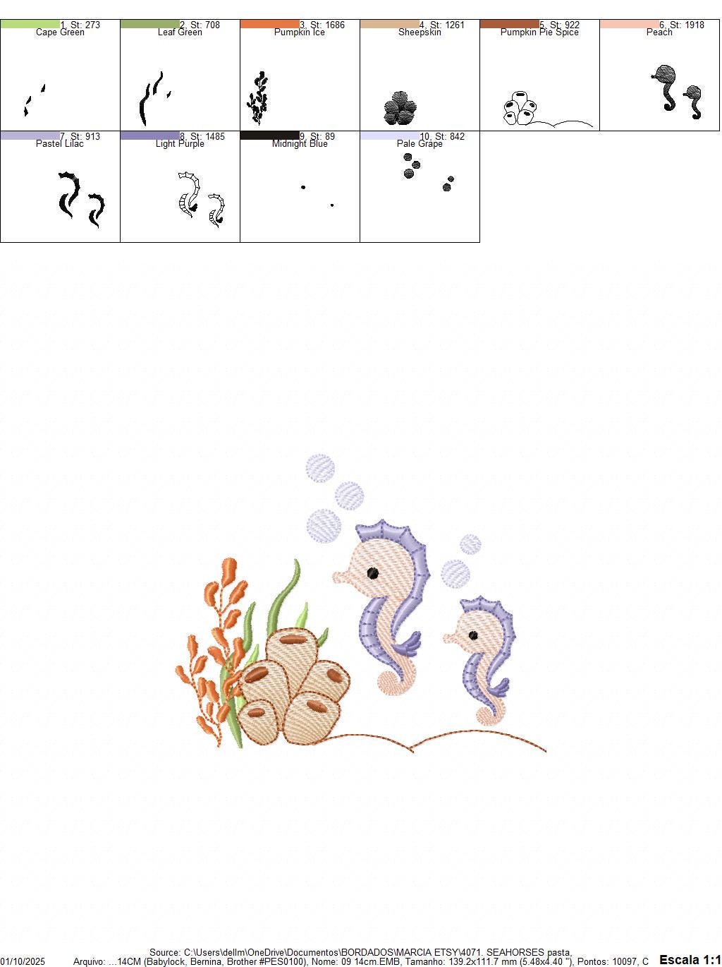Seahorse embroidery design - Ocean Bottom Animal machine embroidery pattern - Algae and bubbles - baby boy and girl file - Instant download