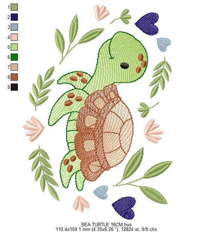 Turtle embroidery design - Sea Ocean water animal machine embroidery pattern - Baby boy file - Instant digital download pes jef dst hus vp3