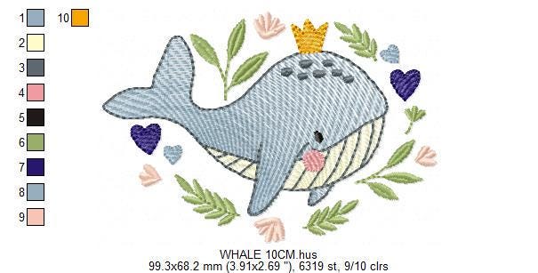 Whale embroidery designs - Ocean Animal Big Fish with crown machine embroidery pattern - Sea Life Baby Boy - Instant digital download pes