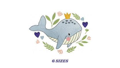 Whale embroidery designs - Ocean Animal Big Fish with crown machine embroidery pattern - Sea Life Baby Boy - Instant digital download pes