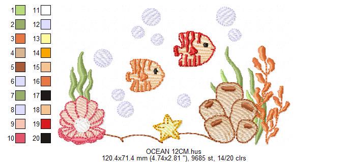 Ocean animals embroidery designs - Sea bottom fishes pearl shell and algae machine pattern - Baby Girl and Boy file - Instant download pes