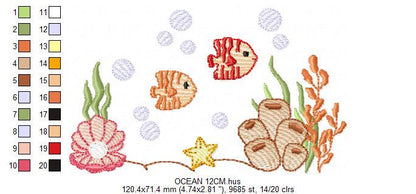 Ocean animals embroidery designs - Sea bottom fishes pearl shell and algae machine pattern - Baby Girl and Boy file - Instant download pes