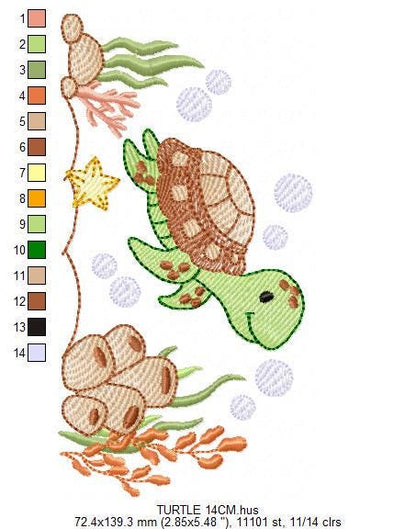 Turtle embroidery design - Sea Ocean animal machine embroidery pattern - Algae and Starfish file - Baby boy and girl - Instant download pes