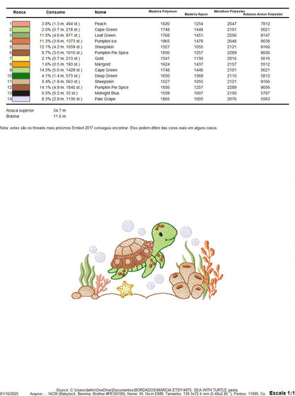 Turtle embroidery design - Sea Ocean animal machine embroidery pattern - Algae and Starfish file - Baby boy and girl - Instant download pes