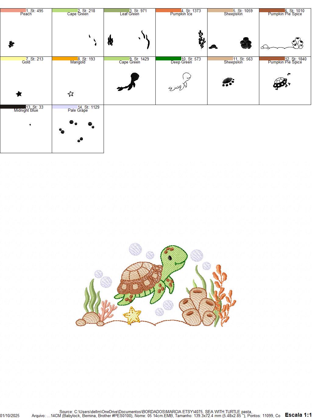 Turtle embroidery design - Sea Ocean animal machine embroidery pattern - Algae and Starfish file - Baby boy and girl - Instant download pes