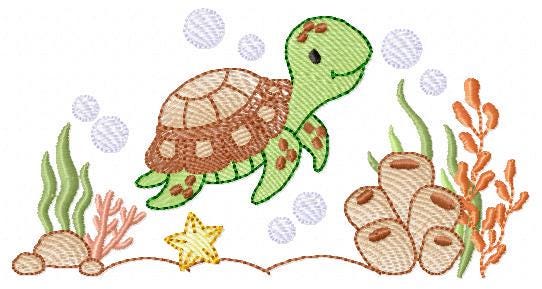 Turtle embroidery design - Sea Ocean animal machine embroidery pattern - Algae and Starfish file - Baby boy and girl - Instant download pes