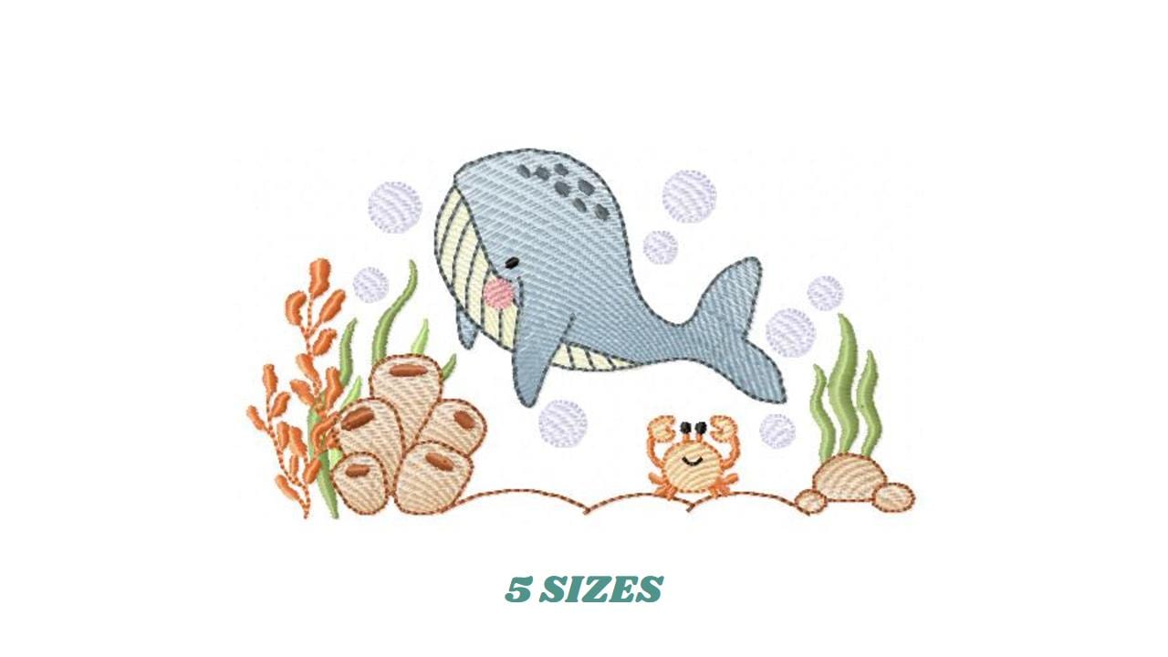 Whale embroidery designs - Ocean Animal Big Fish with crown machine embroidery pattern - Sea Life Baby Boy - Instant digital download pes