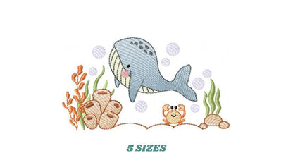 Whale embroidery designs - Ocean Animal Big Fish with crown machine embroidery pattern - Sea Life Baby Boy - Instant digital download pes